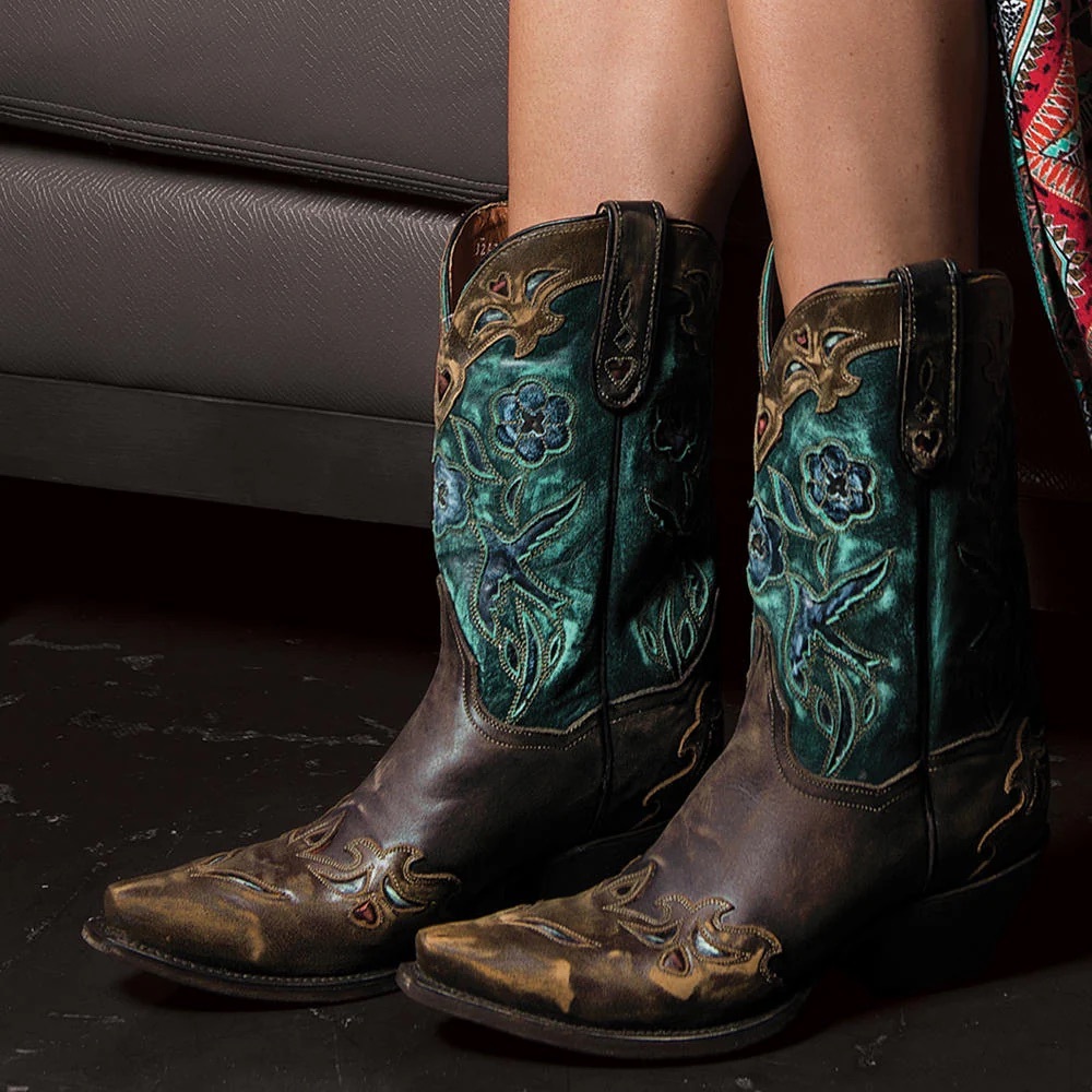 Dan Post Teal and Brown Embroidered Western Heeled Boots
